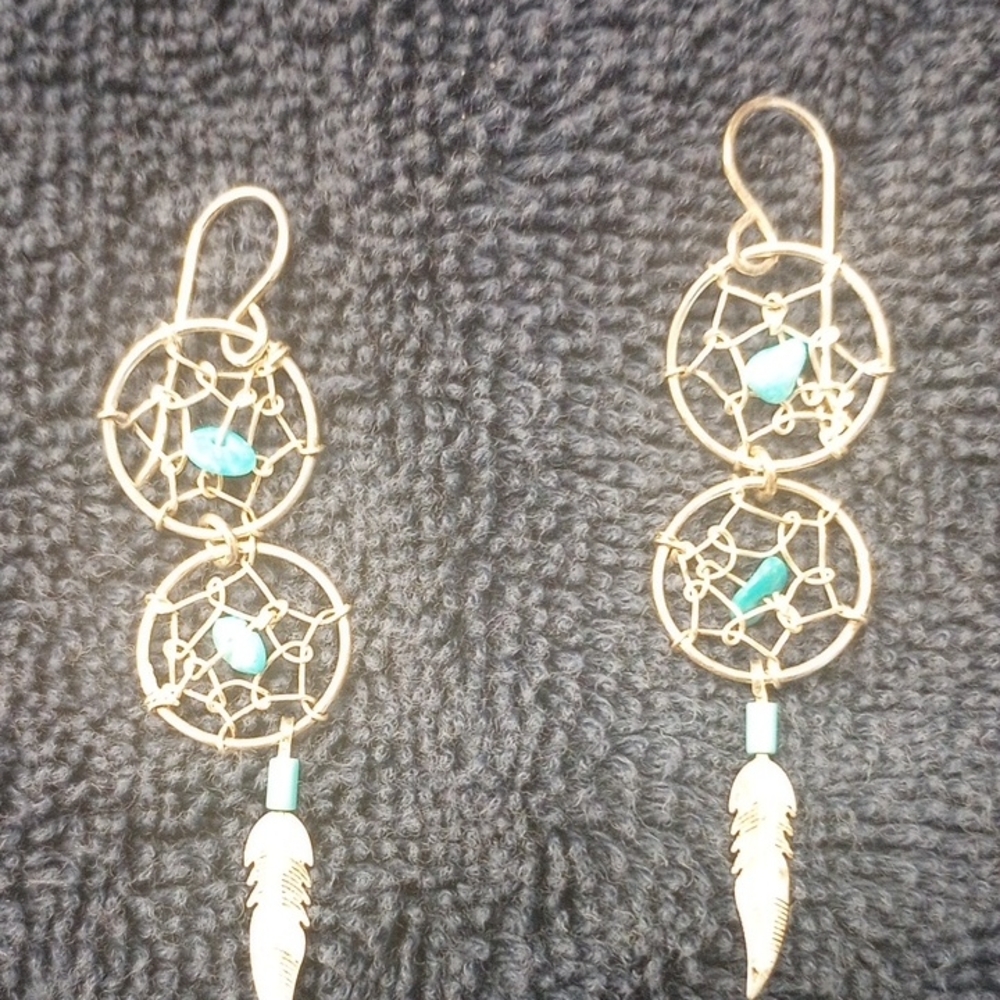Dreamcatcher Earrings In Sterling Silver & Turquoise Accents - Picture 2 of 5